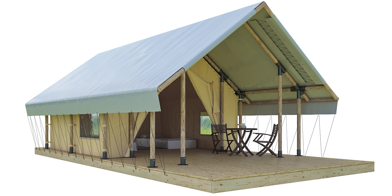 Комфортный модуль с большим крытым навесом от солнца и дождя для уютного отдыха на свежем воздухе.